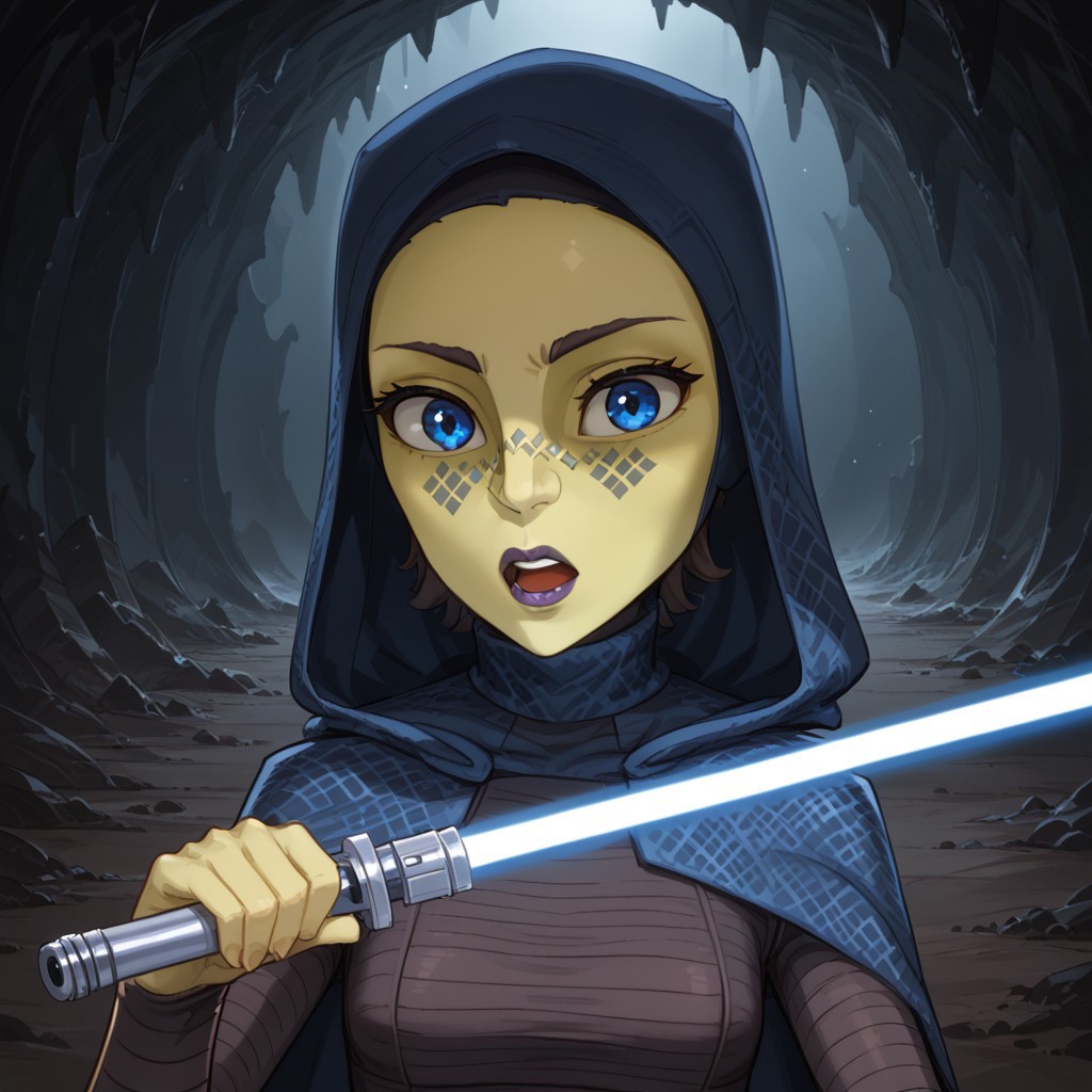 barris-offee, green skin, Mirialan, facial tattoo, star wars clone wars, 1girl, solo, blue eyes, hood, open mouth, alien, colored skin, looking at viewer, makeup, dark background, science fiction, holding, lightsaber, cave, underground