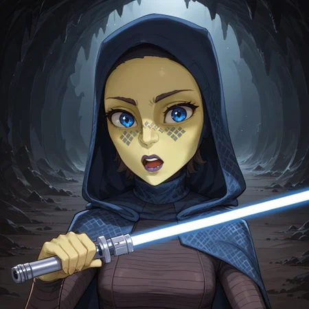 barris-offee, green skin, Mirialan, facial tattoo, star wars clone wars, 1girl, solo, blue eyes, hood, open mouth, alien, colored skin, looking at viewer, makeup, dark background, science fiction, holding, lightsaber, cave, underground