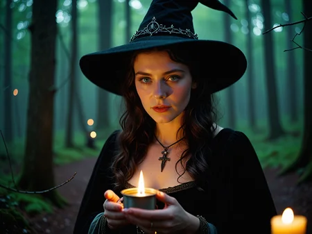 this Technicolor filmstill was shot with a 35mm Arriflex camera and an Angenieux 25-250mm f/3.2 lens. it shows a breathtakingly cute 25-year-old witch immersed in a mystical ambiance at night. She exudes dark power and allure while holding a candle in a medieval forest. The witch captivates with her mesmerizing eyes and irresistible aura, creating a scene brimming with enchantment and mystery.