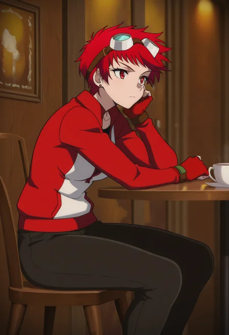 masterpiece, best quality, very aesthetic,
1girl, solo,
Ximena Victoria, short hair, red hair, red eyes, earrings, stud earrings,
jacket, goggles on head, fingerless gloves, pants,
Sitting, on cafe, french restaurant,
Anime coloring,
