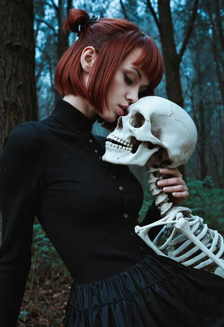 score_9_up, photo \(medium\), paid reward, photorealistic, realistic, , thin body, bob with bangs hairstyle, deep red hair color, 1girl, 26yo woman, clothed, dynamic pose, girl kissing a skeleton, spooky skeleton, in a forest