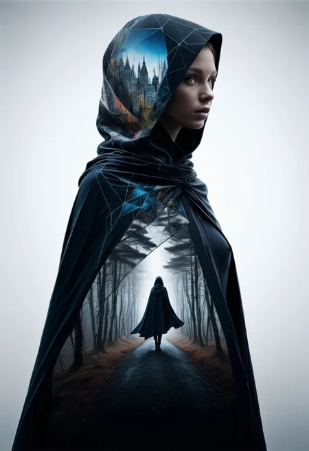 mysterious silhouette nordic woman with cape, goddess, alluring, by Minjae Lee, Carne Griffiths, Emily Kell, Steve McCurry, Geoffroy Thoorens, Aaron Horkey, Jordan Grimmer, Greg Rutkowski, amazing depth, double exposure, surreal, geometric patterns, intricately detailed, bokeh, perfect balanced, deep fine borders, artistic photorealism , smooth, great masterwork by head of prompt engineering <lora:add-detail-xl:2> <lora:Double_Exposure:0.5>