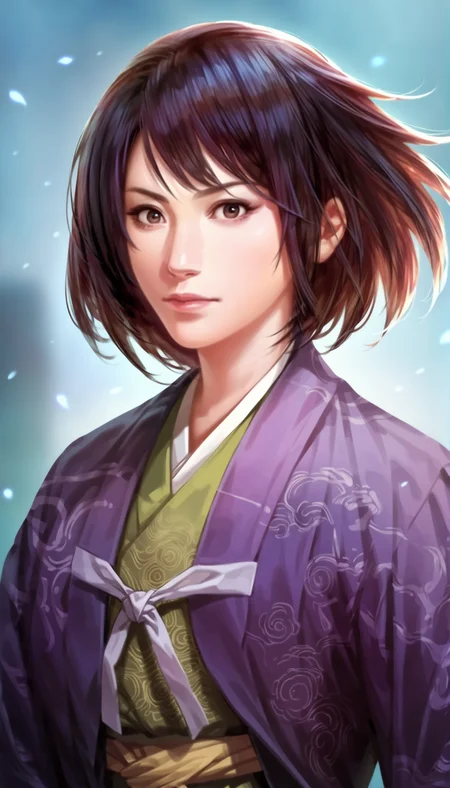 score_9,score_8_up,score_7_up,
highly detailed,highres,<lora:naotoraIi>,naotora ii,
1girl,solo,black hair,short hair,bangs,
brown eyes,looking at viewer,
purple kimono,intricate patterns,light purple ribbon,yellow sash,
upper body,
simple background,blurry background,