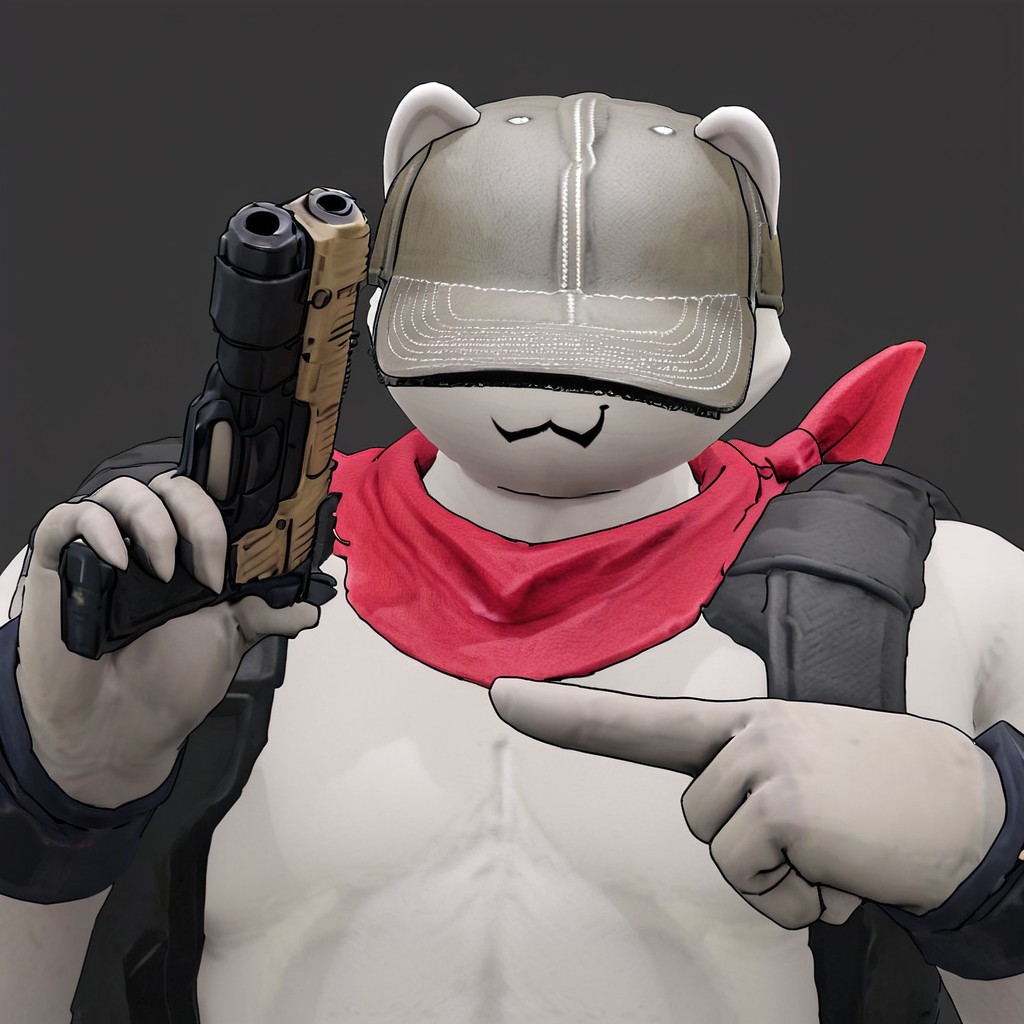 ags_m30w, furry, solo, 1boy, hat, half body,  portrait, gun, holding gun, pointing gun up, Holding a pistol in his detailed hand, pistol, covered eyes, tipping hat, smirk, red scarf, 3d