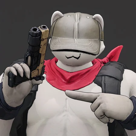ags_m30w, furry, solo, 1boy, hat, half body, portrait, gun, holding gun, pointing gun up, Holding a pistol in his detailed hand, pistol, covered eyes, tipping hat, smirk, red scarf, 3d