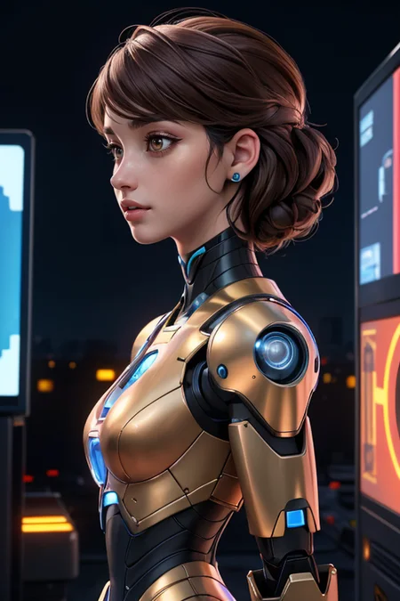 (best quality:1.3),masterpiece,high resolution,photo,realistic,4k,unreal,1 girl,
standing in front of video wall,touching screen,multiple robots,future metropolis,low light,
<lora:Sexy-Spanish:0.8> brown hair, light brown eyes,
<lora:53XY-Gynoid:0.8> gynoid, fembot,
outdoors, futuristic,
<lora:detail_slider_v4:1.2>