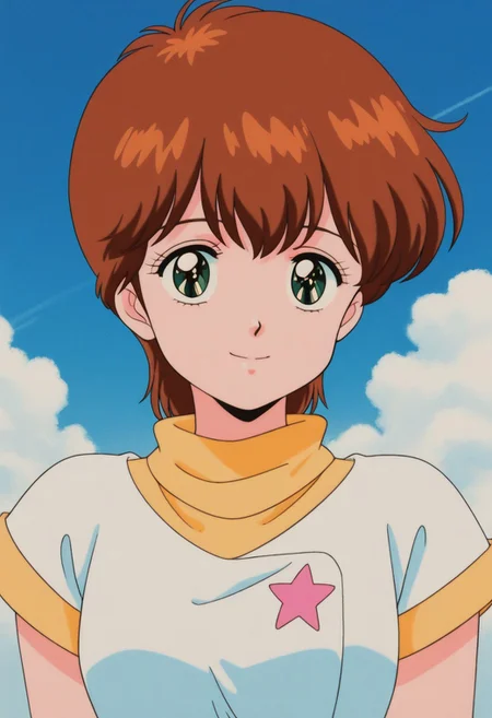 masterpiece, best quality, source_anime,official art,perfect_anatomy,1990s_\(style\),retro_artstyle,mai kazuki,1girl,brown hair,short hair,whithe shirt,short sleeves,portrait,looking_at_viewer,smile,close to viewer,day,blue_sky,cloud