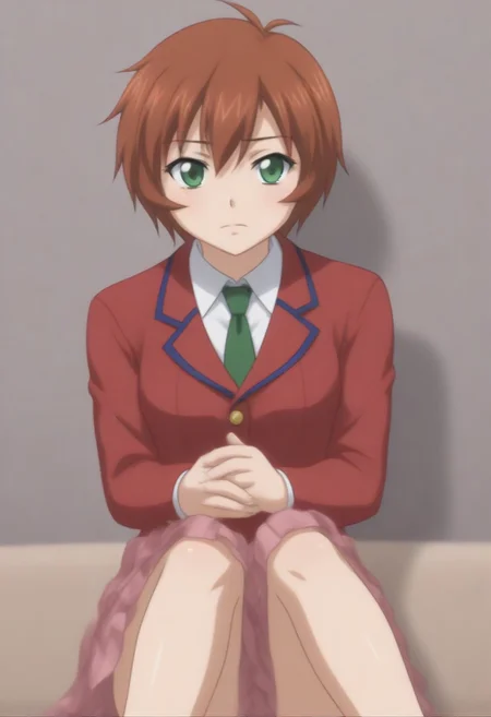 source_anime, anime screencap, source_anime, auratheguillotine, anime screencap, masterpiece, source_anime, shiny skin, 1girl, chinkyuu koudai, short hair, brown hair, green eyes, <lora:chinkyuu_pony-000007:0.8> red blazer, white shirt, green necktie, plaid skirt, pleated skirt,