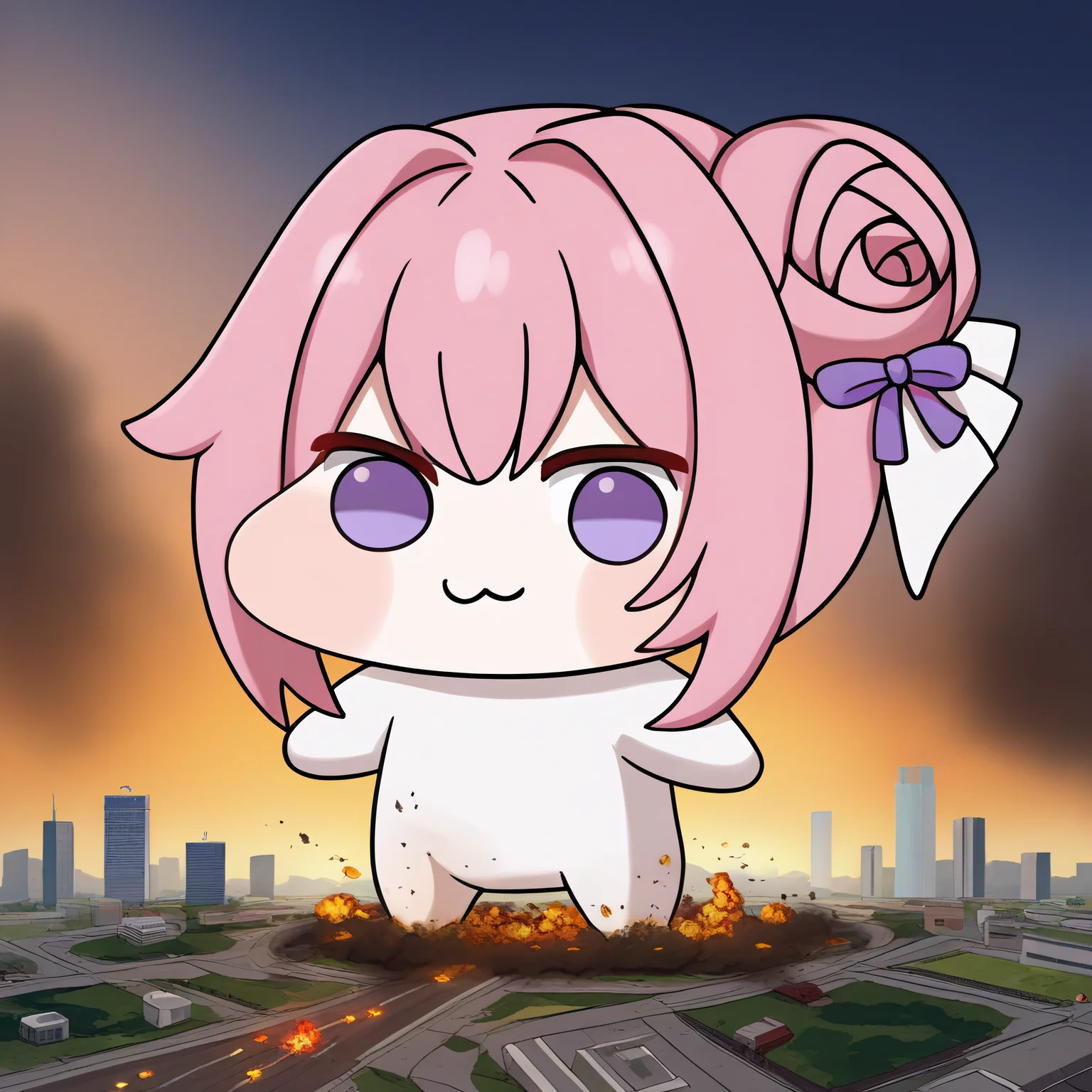<lora:Doro_X_PDXL_V1:0.9> score_9 BREAK source_cartoon, a rampaging giant doro terrorizing a tiny city, creature, chibi, :3, no humans, pink hair, purple eyes, hair bun, hair bow, white skin, giant creature, embers, smoke, destruction, standing, from below, scenery, miniature city