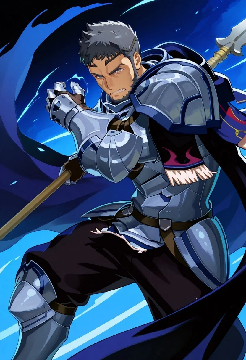 masterpiece, best quality, newest, very awa, extreme detail description, amazing quality, 1boy, muscular male, solo, mauvier_fe, diadem, black hair, grey eyes, facial hair, beard, armor, shoulder pads, gauntlets, cape, black pants, leg armor, fighting stance, dynamic pose, polearm, swinging weapon, serious expression, clenched teeth