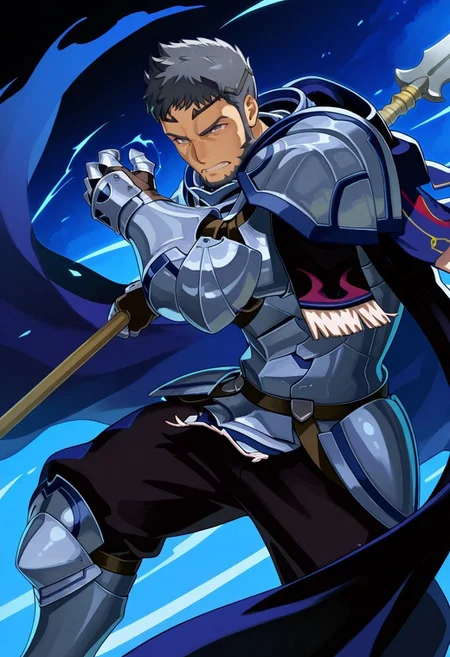 masterpiece, best quality, newest, very awa, extreme detail description, amazing quality, 1boy, muscular male, solo, mauvier_fe, diadem, black hair, grey eyes, facial hair, beard, armor, shoulder pads, gauntlets, cape, black pants, leg armor, fighting stance, dynamic pose, polearm, swinging weapon, serious expression, clenched teeth