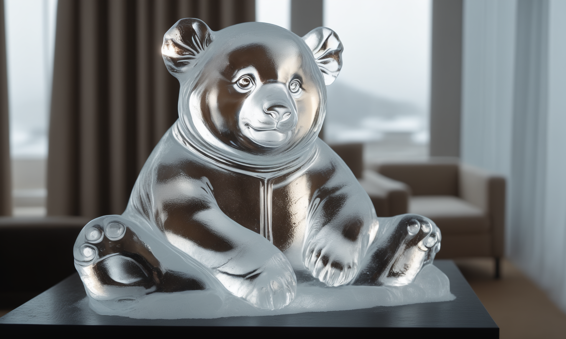 <lora:icecarvingcd_xl-000013:0.8>,close-up,a panda sculpture made of (icecarvingcd_xl,transparent:1.2,see-through:1.2,air bubble,cracked:1.3,broken:1.3,melting ice:1.3) on table,chilled,indoors,living room,simple background,no humans,fine art,detailed,hi-res photo, emotional,harmonious,high budget,moody,epic,gorgeous,perfect lighting,realistic,photorealistic,photographic,photo (medium),real,moody lighting,volumetric lighting,reality ray tracing,8K,HDR,UHD,masterpiece,best quality,highly detailed,high resolution,finely detail,extremely detailed,ultra detailed,wallpaper