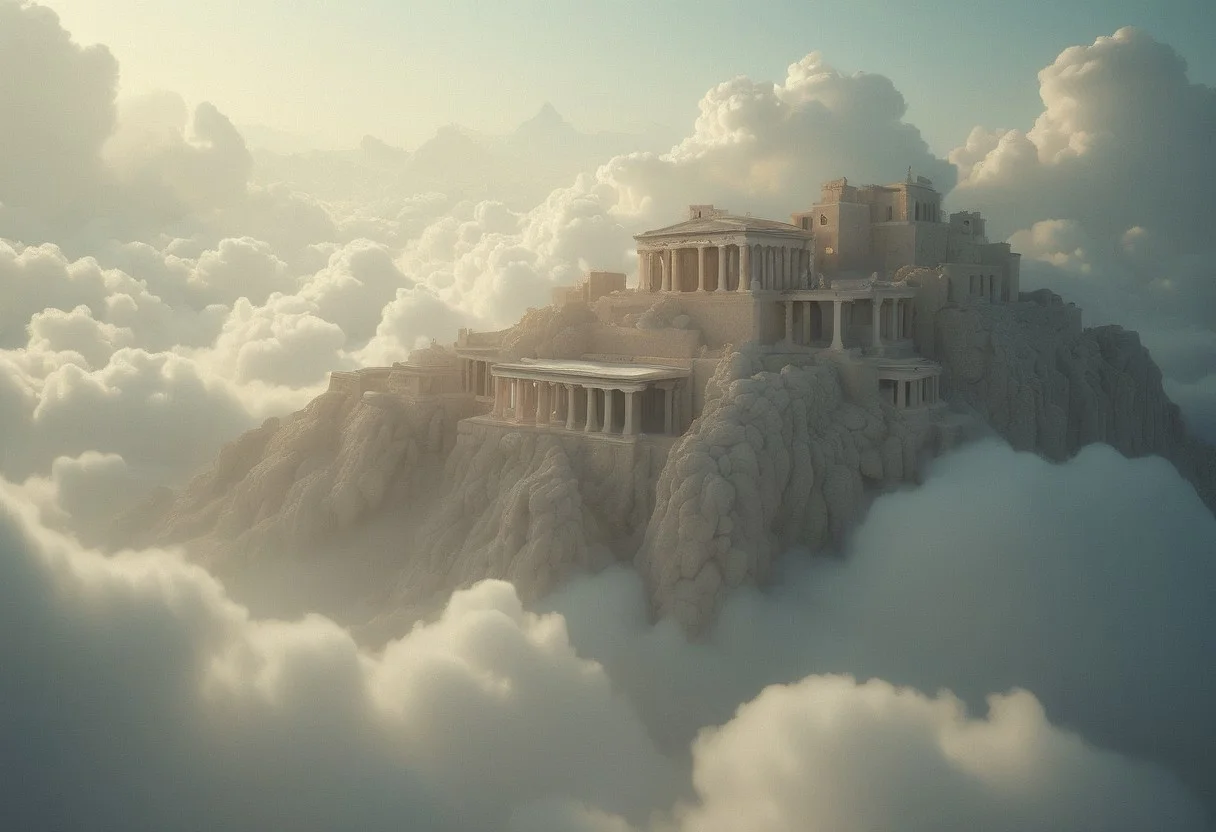 the most realistic, photorealistic photo ever taken [(an ancient greek mythological city:1.5) in the clouds, (greek gods:1.5), a dream world shifting landscapes, and ethereal creatures, Captured with a Hasselblad X2D 100C and an 80mm f/1.9 lens, hyper-realistic textures, soft studio lighting, elegant shadows, styled for a Vogue beauty editorial, incredible realism, creamy bokeh, ultra-detailed textures, perfect lighting], aidmaimageupgrader