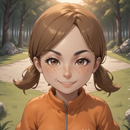 score_9, score_8, BREAK, solo, wii, mii, wii sports, 1girl, female mii, dark blonde hair, low ponytails, brown eyes, freckles, black eyebrows, orange clothing, black pants, breasts, shoes, cute, nintendo mii, modern_mii, classic_mii, Lucia_(Wii_Sports), sexy pose, smile, outdoors, sunlight, shadows, evening lighting, natural lighting, forest, trees, grass, orange sky, sunset, mature woman