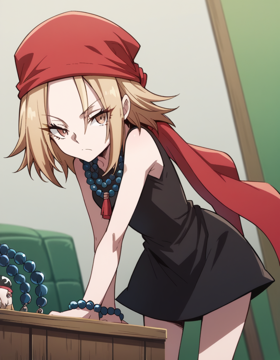 score_9, score_8_up, score_7_up, source_anime,
annakyouyama, <lora:anna-kyouyama-2021-s1-ponyxl-lora-nochekaiser:1>,
anna kyouyama, blonde hair, short hair, brown eyes,
bandana, beads, black dress, dress, prayer beads,
indoors, bent over,
looking at viewer, cowboy shot, solo, dutch angle