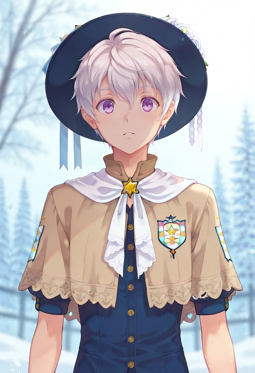 masterpiece, best quality, intricate details, , , , 1boy, solo, male focus, <lora:felix_clermont_ilxl:1>, felix_clermont, white hair, purple eyes, ahoge, , , , cloche hat