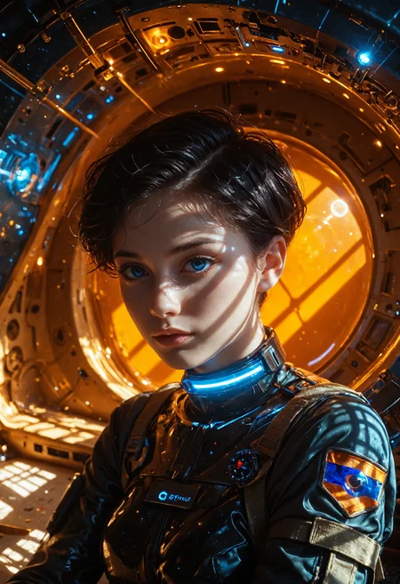 score_9, score_8_up, score_7_up, Expressiveh, EYESHD, lying, on side, 1girl, young woman, realistic skin, beautiful face, cute, (relaxed:0.8), dressed, gray, futuristic army suit, glowing choker, blue eyes, dark black hair, pointy hair, orange abstract background, textured background