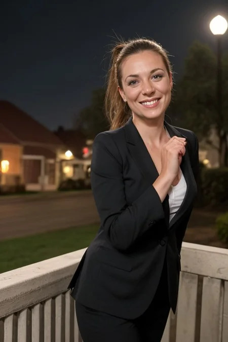 30yo American woman wearing business suit smoking cigarette
Dark black smooth long hair ponytail. smiling.
Looking at camera.
Smoke.
Dynamic varying pose.
Outside bussiness. Night time,
Night time, dark.