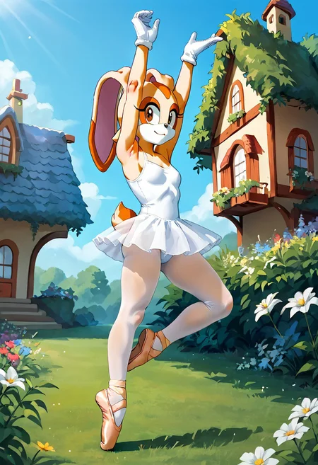 score_9, score_8_up, score_7_up, source_anime, BREAK <lora:Cream The Rabbit PONYXL:1> Cream The Rabbit, (white leotard:1.1), (white tutu:1.1), (layered skirt:0.9), (see-through skirt:0.3), (wind lift:0.5), white pantyhose, (white gloves:1.1), sleeveless, <lora:Varos_-_Ballet_Pointe_Shoes:0.8> p01n73-5h035, narrow waist, (tiptoes:1.2), arched back, (standing on one leg:1.2), (leg up:1.1), hands above head, own hands together, stretching, flexible, balancing, plantar flexion, ballerina, (dancing ballet), smile, looking at viewer, 1girl, solo, full body, (from below:0.8), (cozy cottage:1.3), lush garden, outdoors, blue sky, flowers, grass