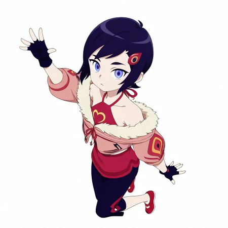 white background, 1girl, Bare shoulder, short hair, Fingerless gloves, black gloves, capri pants, halterneck, fur trim jacket, red shoes,
Full body, one hand raising, jumping, from above, looking at viewer,