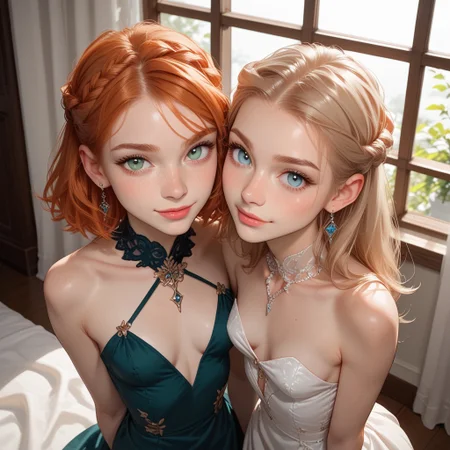 score_9_up, score_9, score_8_up, score_8, score_7_up, score_7, cinematic lighting, raw, high quality, 4k resolution, absurdres, masterpiece, dynamic lighting, high contrast, morimee_style, casual poses, giggling, [from above], [naughty face],
BREAK
2girls, flirting at a mansion party, cute face, , showing off, nip slip, seduction, (flirting:1.3), infatuated, sexy smirks, conspiratorial smile,
(1girl, ((blond hair)), blue eyes, french braid hair,), 1girl, green eyes, short ginger hair), freckles, (beautiful face:1.1), cute, coming of age, [large eyes], whispering to each hither, telling secrets, seductive face, fancy vintage dress, small breasts, thin waist, slender hips, thigh gap, unique faces, unique hair, different bodies, looking at viewer, questioning look, different dress,