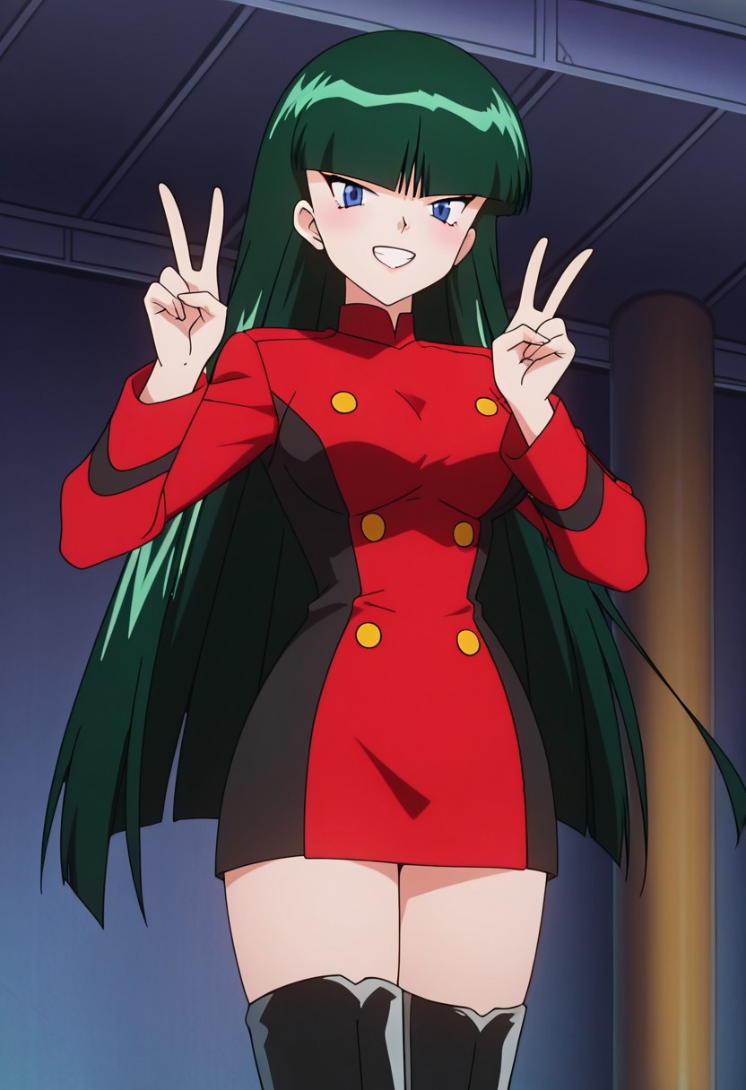 score_9, score_8, score_7, anime_screencap, anime_coloring, source_anime, high_res, rating_safe , uncensored,
PKMNSabrina, blue eyes, 1girl, long hair, very long hair, green hair, blunt bangs, hime cut,, short dress,  red deess, long sleeves, double-breasted, buttons, breasts,, thighhighs, thigh boots, zettai ryouiki, black footwear, black thighhighs, high heel boots
BREAK, smile, looking at viewer, cowboy shot, upper body, v, victory, indoors, upper body, grin, teeth