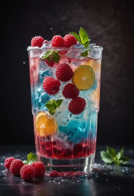 RAW photo, raspberry lime cooler, Michelin star plating, hot summer day, Icey, refreshing, food photo, DSLR, layers, colourful, soft lighting, high quality, film grain, Fujifilm XT