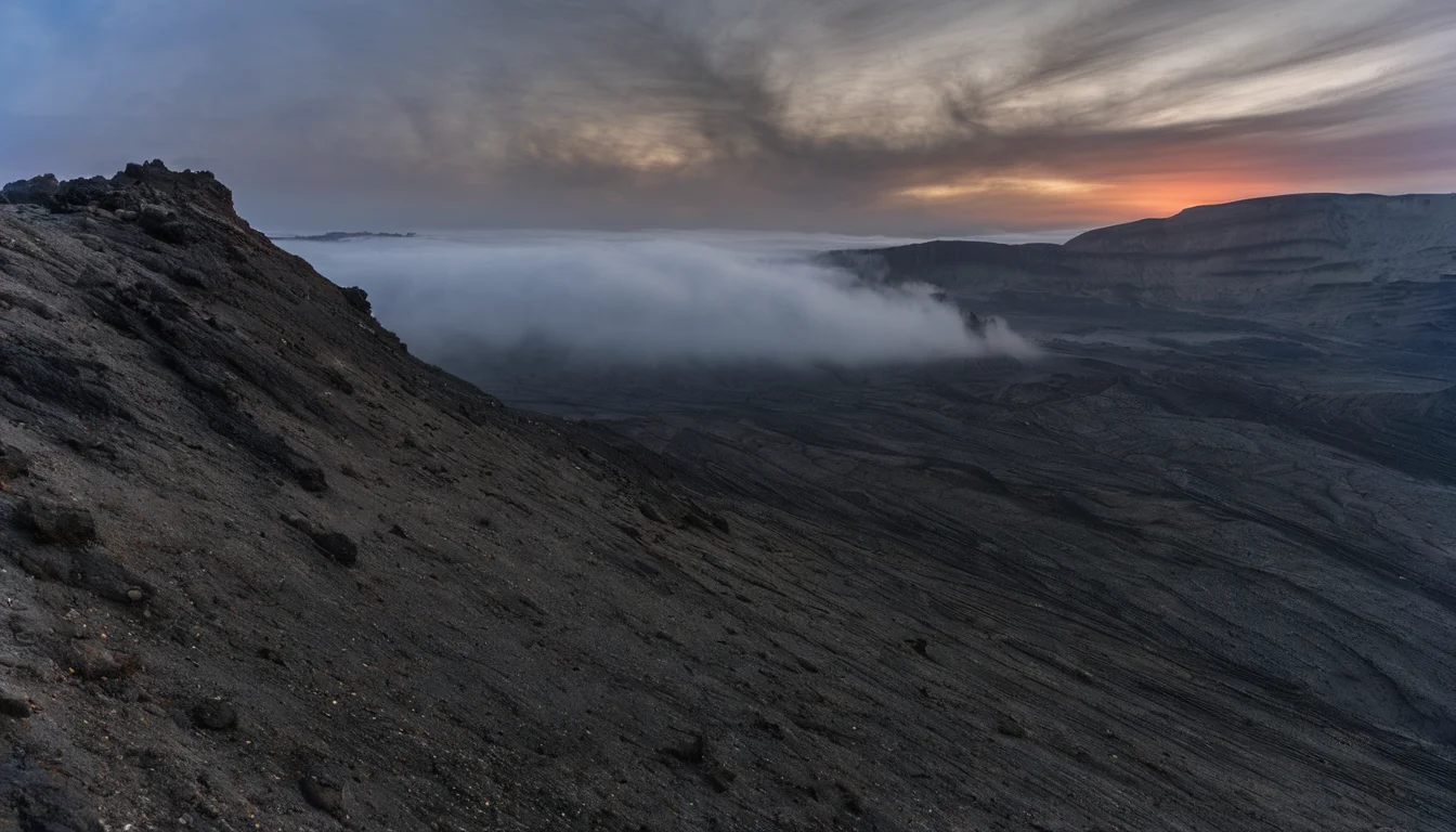 Volcanic Desert,no humans,scenery,outdoors,landscape,fog,nature,<lora:Volcanic Desert:1>,, masterpiece, best quality,