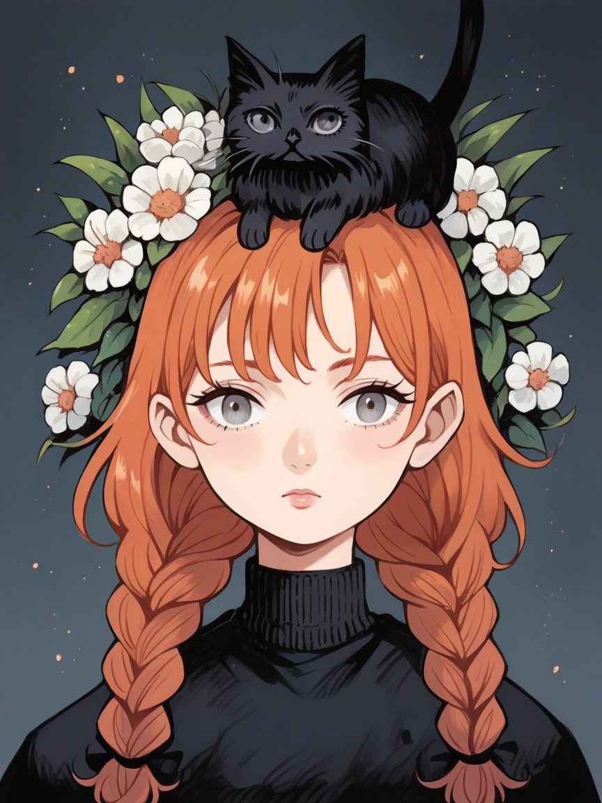 source_anime, score_9, score_8_up, score_7_up, score_6_up, score_5_up, black cat, twin braids, flower, ginger hair, grey eyes, <lora:h31k4l4XLP:1> h31k4l4