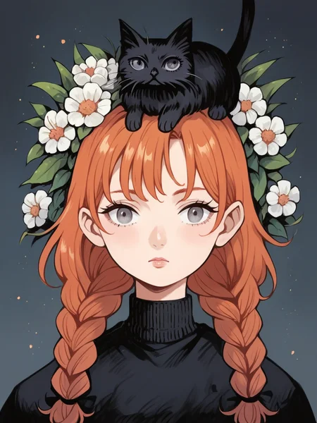 source_anime, score_9, score_8_up, score_7_up, score_6_up, score_5_up, black cat, twin braids, flower, ginger hair, grey eyes, <lora:h31k4l4XLP:1> h31k4l4