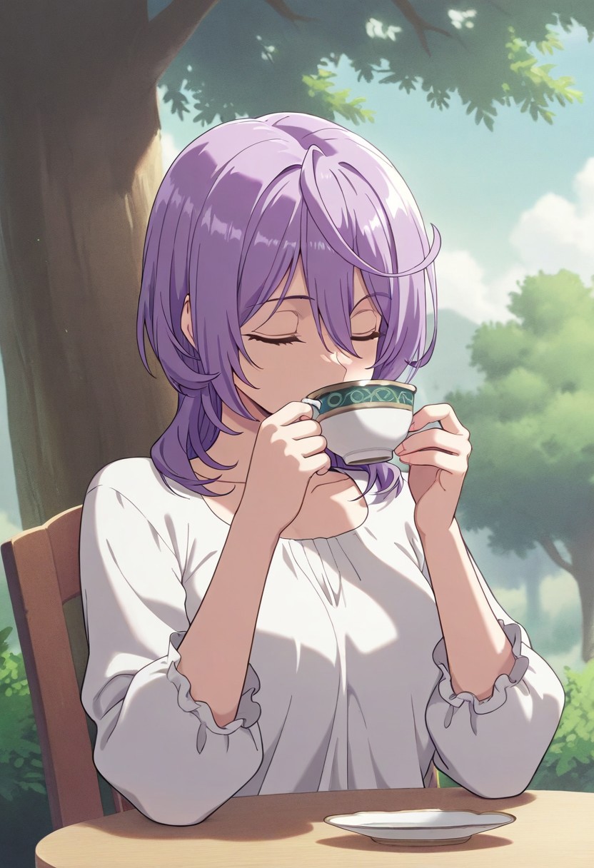 masterpiece,best quality,amazing quality, philia parnacorta, purple hair, 1girl, closed eyes, cup, solo, teacup, tree, holding, holding cup, drinking, shirt