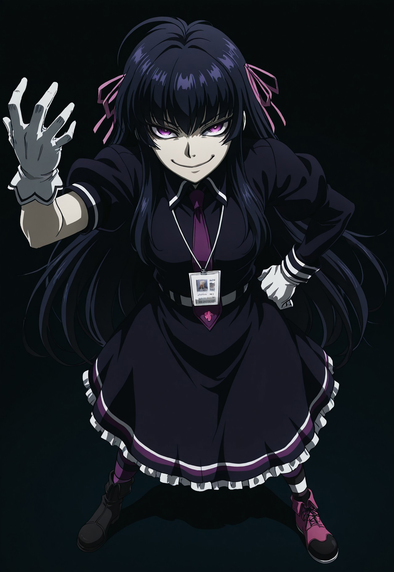 masterpiece, best quality, amazing quality, DriftersEASY, 1girl, solo, female focus, black hair, very long hair, ahoge, pink hair ribbons, purple eyes, pale skin, black frilled dress, frills, asymmetrical sleeves, uneven sleeves, purple necktie, lanyard, white gloves, mismatched gloves, white sash, striped thighhighs, mismatched footwear, hand on hip, open hand, looking at viewer, smirk, dark, dynamic pose, perspective, simple background
