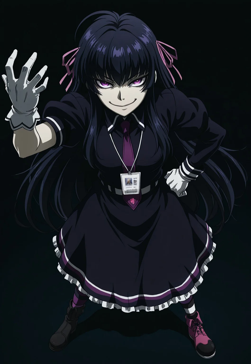 masterpiece, best quality, amazing quality, DriftersEASY, 1girl, solo, female focus, black hair, very long hair, ahoge, pink hair ribbons, purple eyes, pale skin, black frilled dress, frills, asymmetrical sleeves, uneven sleeves, purple necktie, lanyard, white gloves, mismatched gloves, white sash, striped thighhighs, mismatched footwear, hand on hip, open hand, looking at viewer, smirk, dark, dynamic pose, perspective, simple background