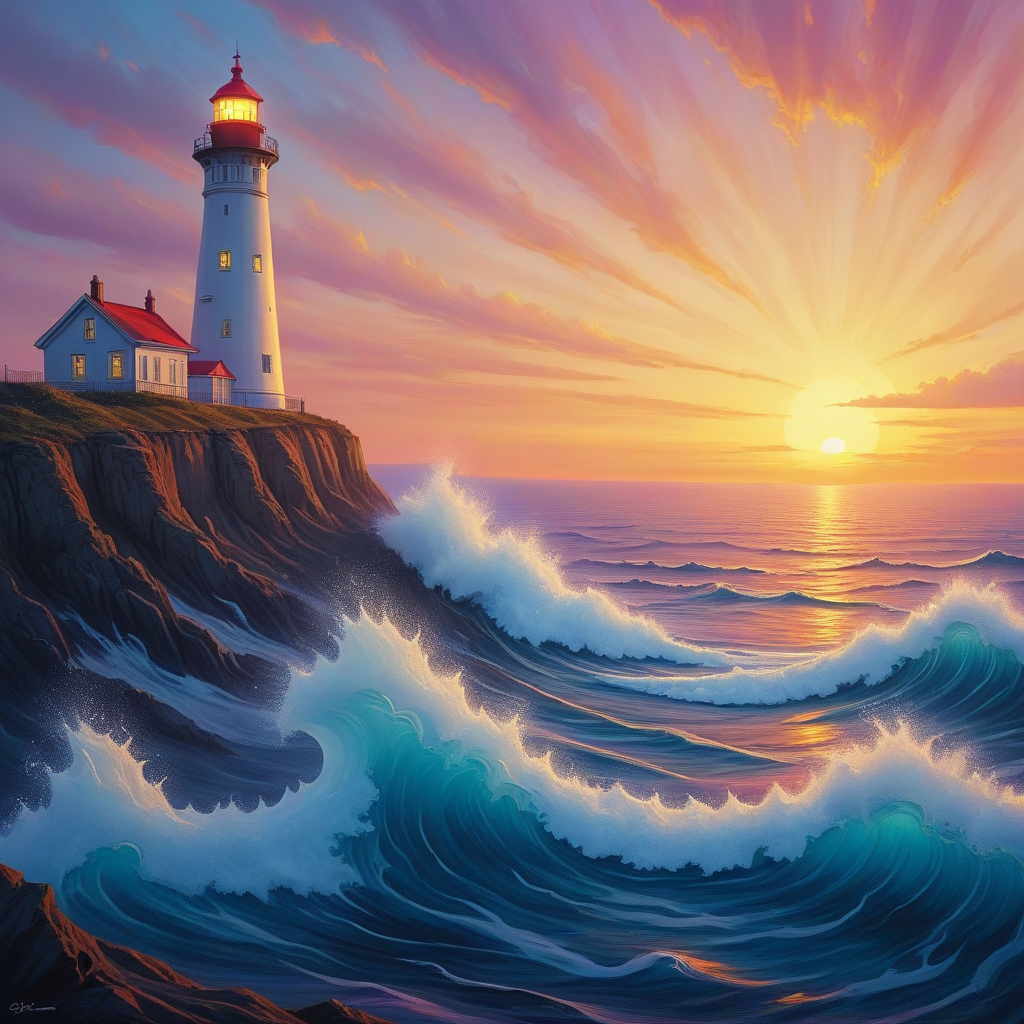 painting of a lighthouse on a cliff, overlooking a sea, waves, sunset <lora:Psych-Futurism:1>,pfstyle