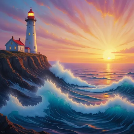 painting of a lighthouse on a cliff, overlooking a sea, waves, sunset <lora:Psych-Futurism:1>,pfstyle