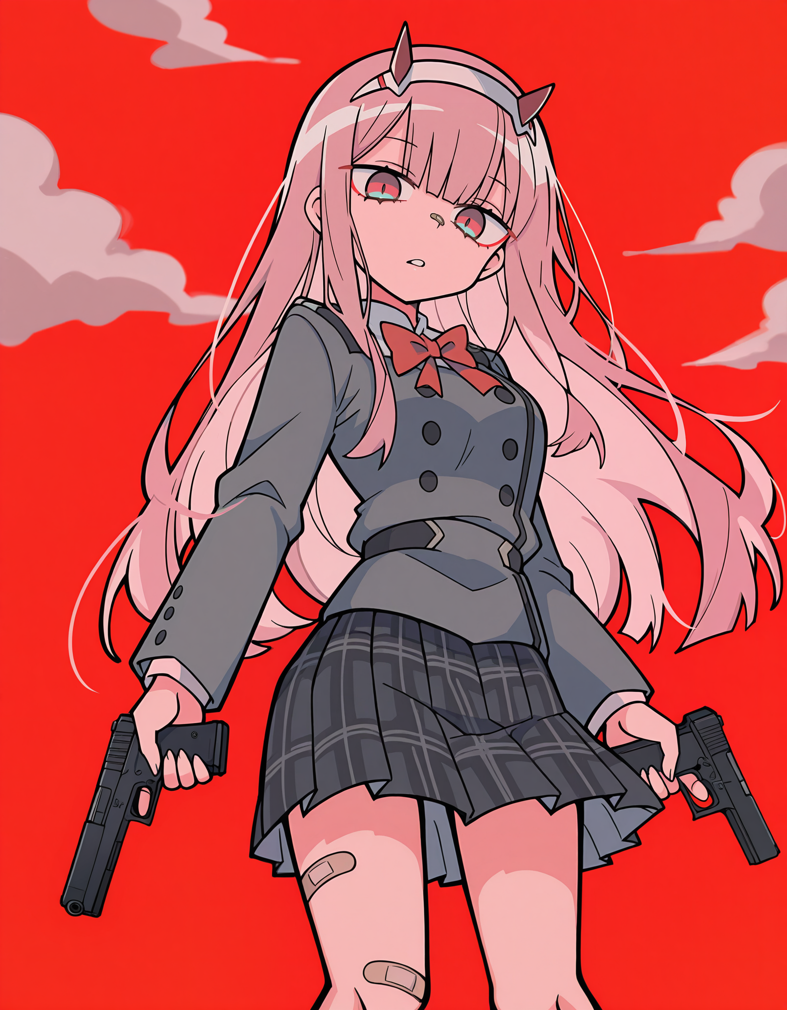 masterpiece,  best quality, newest, highres, absurdres,  <lora:terad4_style:1>, terad4_illu,1girl,zero two \(darling in the franxx\), solo, skirt, bandaid,holding glock, red background, plaid skirt, bandaid on leg, looking at viewer, parted lips, pink eyes, plaid, pleated skirt, school uniform,from below, dynamic pose, dark_theme,clouds,depth of field, white cloud