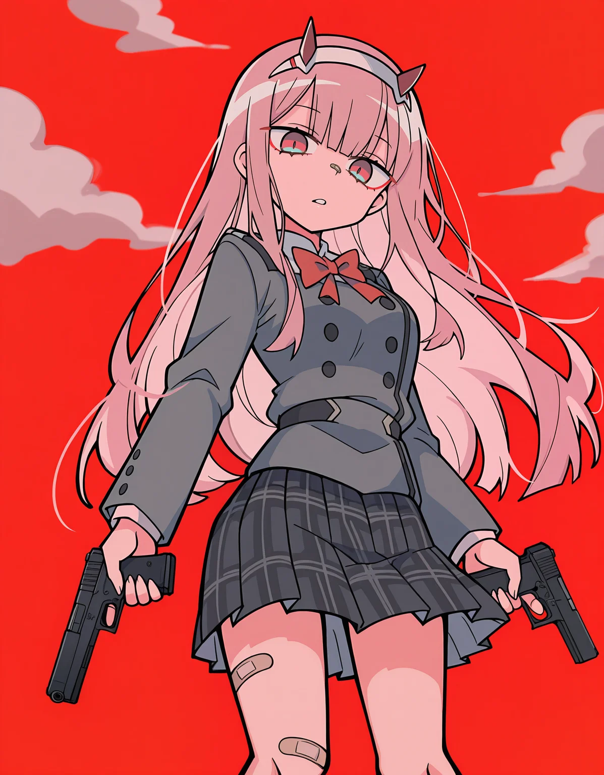 masterpiece, best quality, newest, highres, absurdres, <lora:terad4_style:1>, terad4_illu,1girl,zero two \(darling in the franxx\), solo, skirt, bandaid,holding glock, red background, plaid skirt, bandaid on leg, looking at viewer, parted lips, pink eyes, plaid, pleated skirt, school uniform,from below, dynamic pose, dark_theme,clouds,depth of field, white cloud