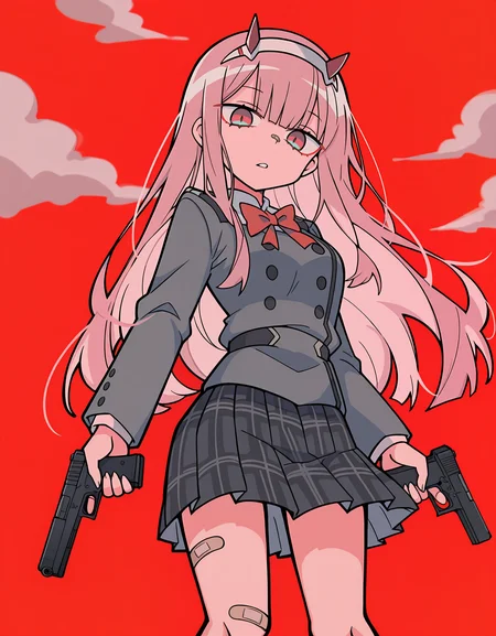 masterpiece, best quality, newest, highres, absurdres, <lora:terad4_style:1>, terad4_illu,1girl,zero two \(darling in the franxx\), solo, skirt, bandaid,holding glock, red background, plaid skirt, bandaid on leg, looking at viewer, parted lips, pink eyes, plaid, pleated skirt, school uniform,from below, dynamic pose, dark_theme,clouds,depth of field, white cloud
