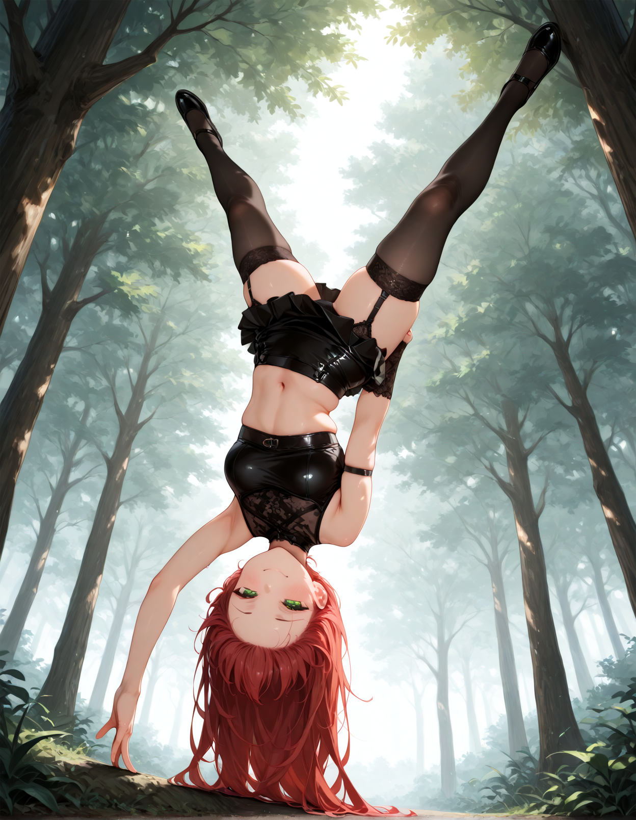 1girl, solo, one arm handstand, handstand, black crop top, black mini skirt, black garter belt, black thighhighs, skindentation, navel, red hair, green eyes, smug smile, upside-down, nature, trees, simple background, masterpiece, best quality, absurdres