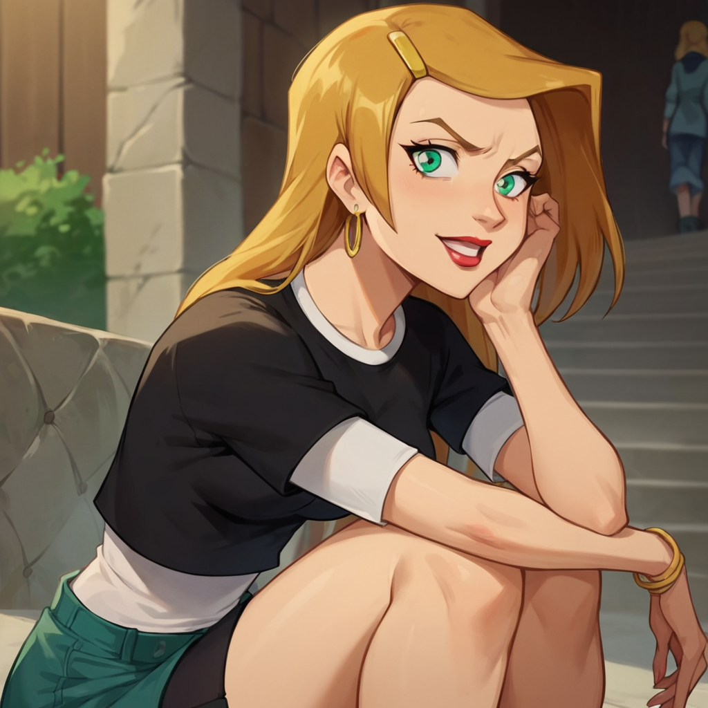 score_9, score_8_up, score_7_up, 1girl, Sarah, green eyes, blonde hair, long hair, hairclip, earrings, lipstick, medium breasts, narrow waist, wide hips, looking at viewer, sitting, knees to chest, highres, high quality, masterpiece, <lora:Sarah_Laurence:1>
