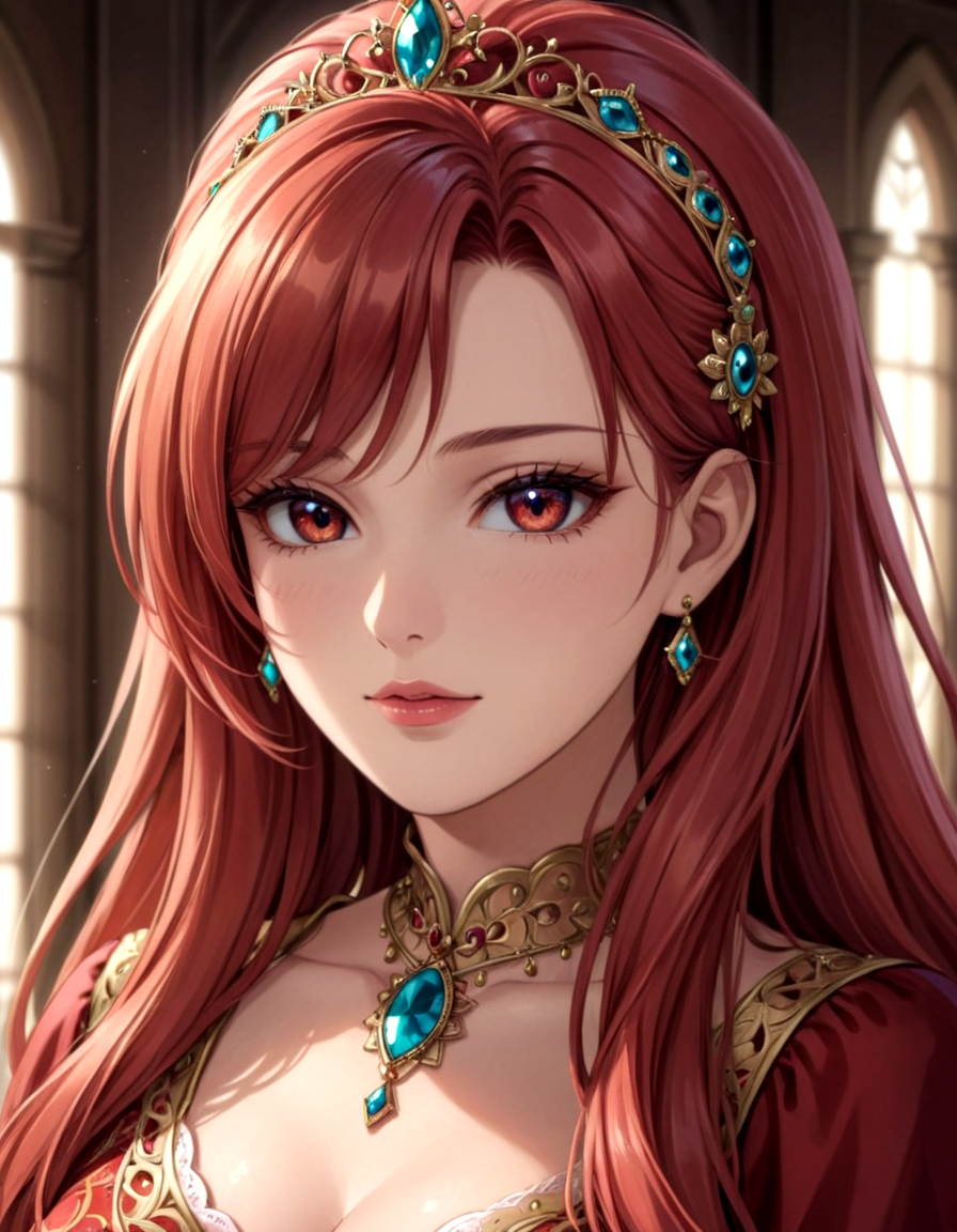 beautiful detailed portrait, beautiful mature woman, long red hair, loads of beautiful intricate jewelry, regal, graceful, queen, various gems, best quality, ultra-detailed, sharp intricate details, elaborate, cinematic, natural lighting, soft shadows, lumen reflections