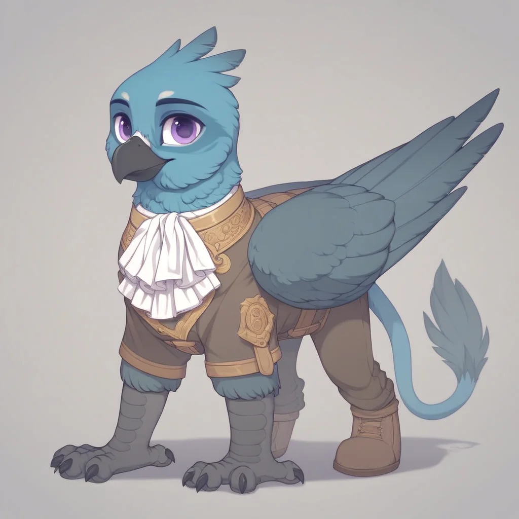 masterpiece, score_9, score_8_up, score_7_up, score_6_up, (best quality:1.1), ultra-detailed, high resolution, 1character, solo, Ondska, griffon, avian, feral, male, (((beautiful detailed purple eyes))), black beak, pastel blue feathers, closed mouth, noble clothes, white ascot, full body, simple background, Highly Visible, sharp focus, anatomically correct, extremely detailed