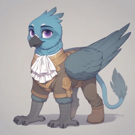 masterpiece, score_9, score_8_up, score_7_up, score_6_up, (best quality:1.1), ultra-detailed, high resolution, 1character, solo, Ondska, griffon, avian, feral, male, (((beautiful detailed purple eyes))), black beak, pastel blue feathers, closed mouth, noble clothes, white ascot, full body, simple background, Highly Visible, sharp focus, anatomically correct, extremely detailed