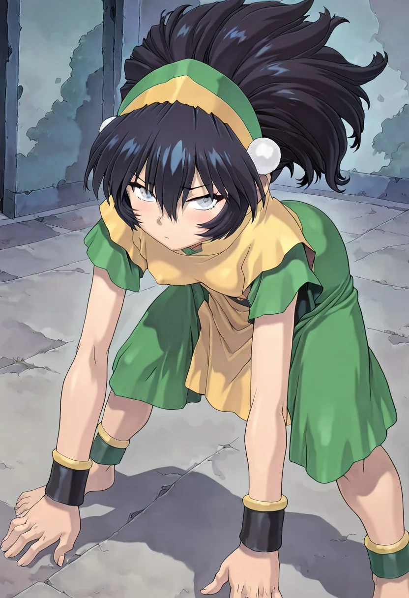 illutoph, black hair, hair between eyes, blind, grey eyes, hairband, wristband, tunic, capri pants, barefoot, ankleband, breasts, (extremely detailed CG), (best quality) (mogudan_early), (masterpiece, best quality, absurdres, detailed,perfect quality, amazing quality, newest, ultra-detailed:1.2), extremely detailed, distortion-free, illustration, (Black lines, thick strokes, detailed strokes,smooth lines,), looking at viewer, detailed clothing, shinny HAIR, detailed skin, detailed eyes, horny, curvy_hips, shinny skin, anime coloring, anime screencap, 1girl, solo, leaning forward with her body slightly angled, suggesting a powerful, aggressive stance ready to strike. Both fists are clenched, suggesting imminent attack. Her legs are positioned in a slightly low, yet balanced stance with straight back, providing a strong base for her upper body movement.