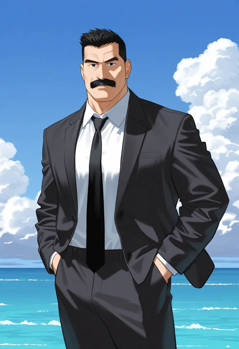 1boy, day, standing, (cowboy shot:1.5), looking at viewer, distant, 
BREAK
<lora:Police_commissioner_from_Hairy_Oracle_by_Gengoroh_Tagame_v0.1:1>
keijisan, mature male, thick mustache, sideburns, black eyes, black hair, short hair,
black suit, white collared shirt, black necktie, thick arms, 
BREAK
large pectorals, blue sky, horizon, ocean, outdoors, cloudy sky,
BREAK
best quality, masterpiece, very aesthetic, absurdres, highest detailed,