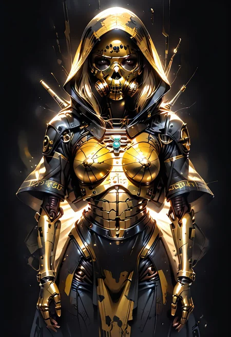 score_9, score_8_up, score_7_up, realistic, from front, wasp, insect, holographic, yellow hologram, mechanical, shiny, gas mask, respirator, hood, black background, zPDXL2,