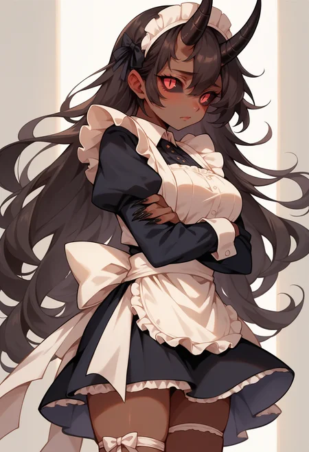 score_9, score_8_up, score_7_up, source_anime, female, medium breasts, black hair, black eyes, horn, black horn, slit pupils, black sclera, black skin, solo, shy, blush, thigh strap, maid uniform, long hair, sharp nails, black nails, 5 fingers, from side, looking at viewer, crossed arms, skirt, maid apron,