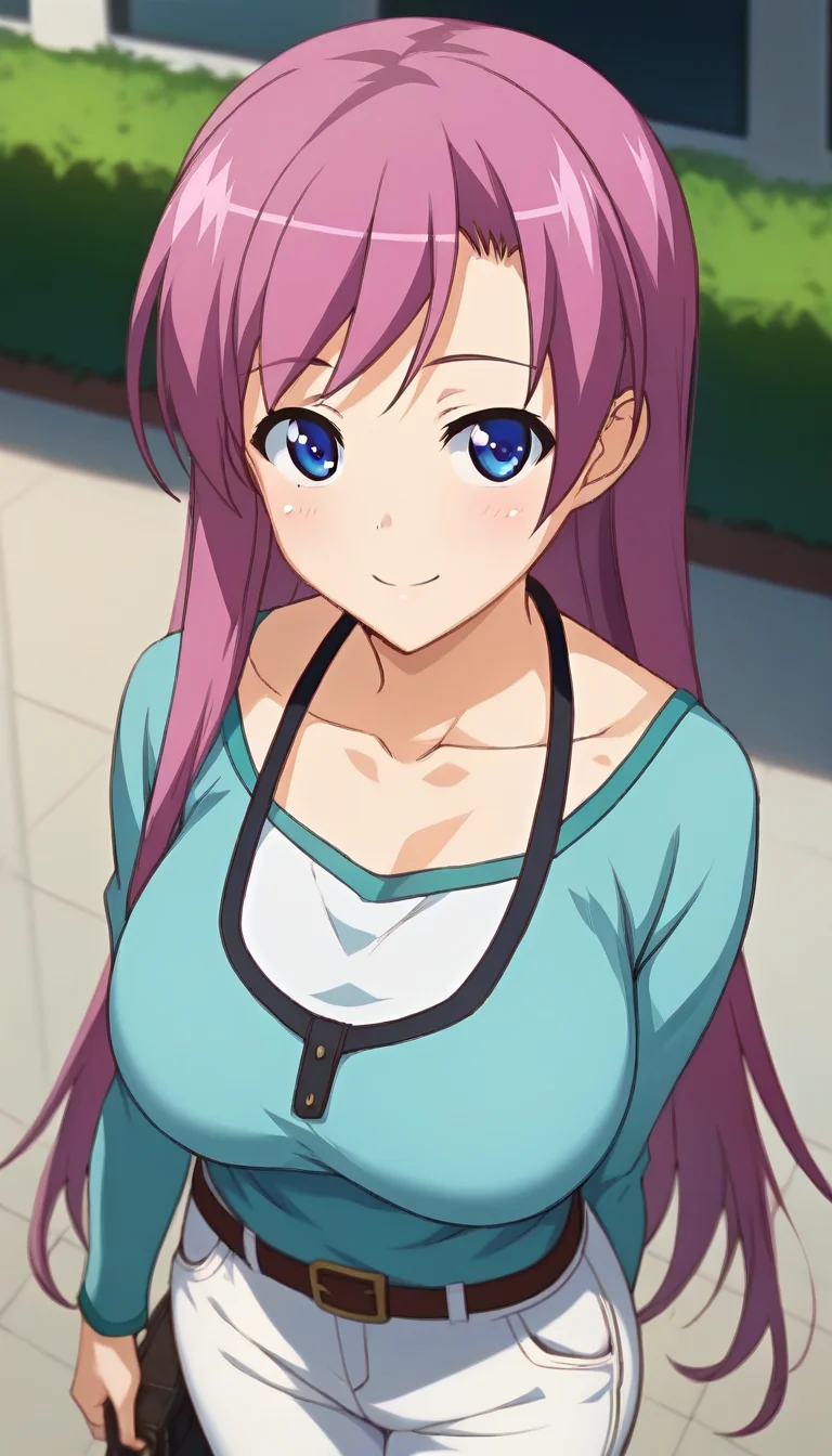 score_9,score_8_up,score_7_up,score_6_up BREAK official art,solo,outdoors,cowboy shot,looking at viewer,facing viewer,smile,blush,Haruka Makino,very long hair,purple hair,pink hair,side swept bangs,blue eyes,collarbone,halterneck,aqua shirt,long sleeves,large breasts,white pants,loafers,<lora:Haruka Makino(oc2)-Pony:1.6>,