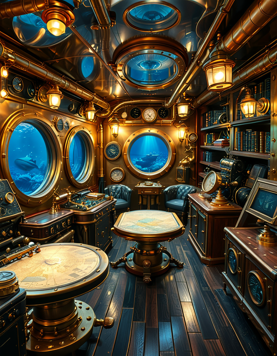 A stunning and intricate view of the interior of the Nautilus submarine, inspired by Jules Verneâs steampunk aesthetic. The room is a mix of Victorian elegance and advanced 19th-century marine engineering. The walls are lined with riveted brass and copper pipes, with intricate pressure gauges and mechanical levers. A massive, round glass porthole offers a breathtaking underwater view of deep-sea creatures swimming in the dark abyss. The warm glow of antique oil lamps and gaslights illuminates the space, casting soft golden reflections on the polished mahogany furniture and ornate brass railings. A large wooden desk is covered with old nautical charts, compasses, and a logbook filled with Captain Nemoâs notes. In the background, a library with leather-bound books and scientific instruments is neatly arranged on wooden shelves, emphasizing the scholarly and adventurous nature of the vessel. The ambiance is a perfect fusion of mystery, science fiction, and vintage maritime beauty, evoking a sense of wonder and deep-sea exploration.<lora:SDXLFaeTastic2400:0.4> <lora:extremely_detailed:0.4> extremely detailed, <lora:Nautilus_subm4r1n3:1>,Nautilus subm4r1n3, Masterpiece,best quality,hi res,8k,hi res,8k,award winning,(sharp focus, intricate, highly detailed),