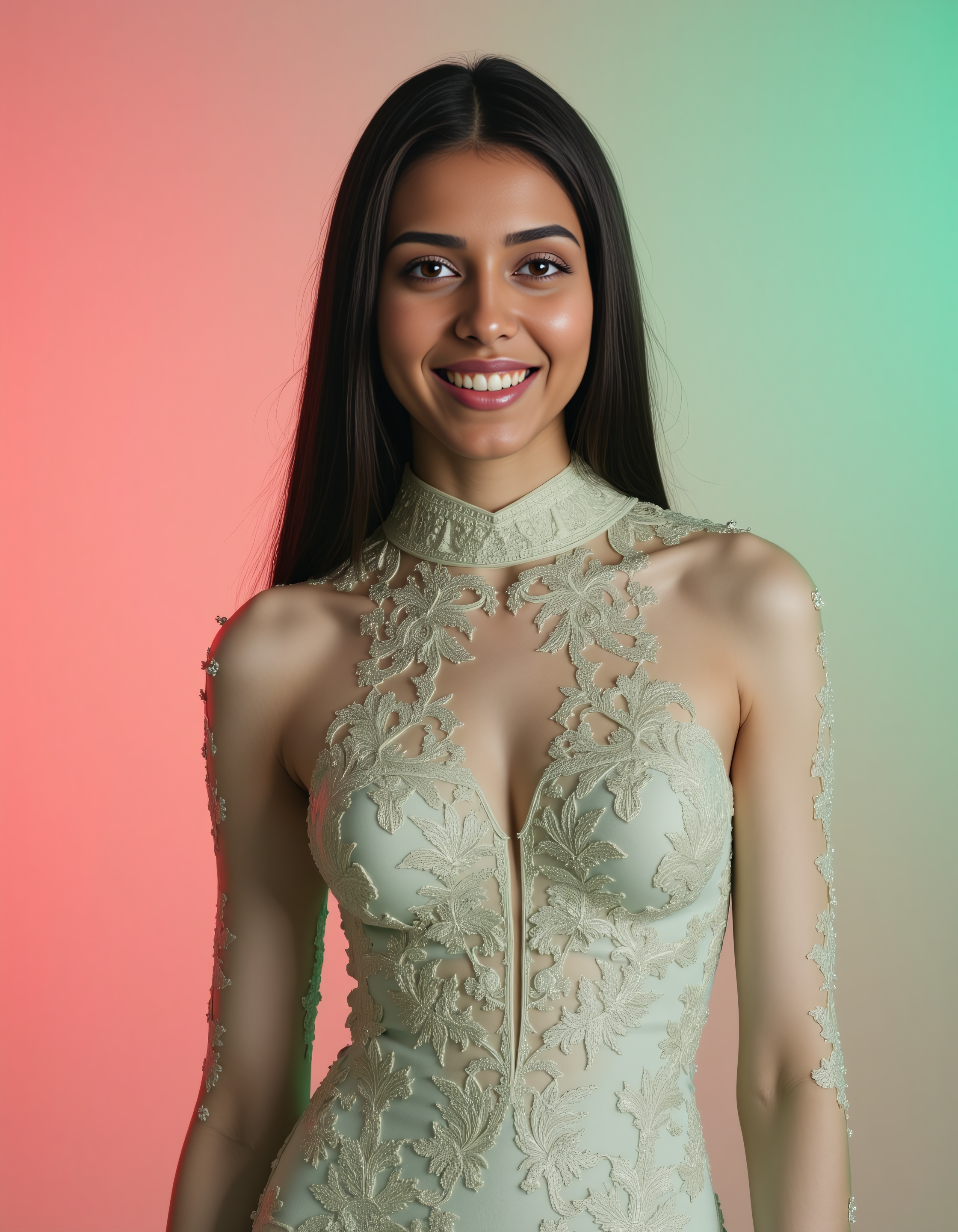 from front photo of de51 light woman, thin waist with hourglass figure, hyper realistic candid photo, shouting,studio quality, wearing intricate conservative turtleneck Jade Indo-Western Gown, straight hair, pastel shaded multicolored background, cinematic lighting,  <lora:Desi_Coffee_Flux_Kohya_LoRA_v3:1>âââ